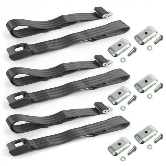 Standard 2 Point Charcoal Lap Bench Seat Belt Kit with Bracketry for 1967-1970 Ford Mustang - 3 Belts