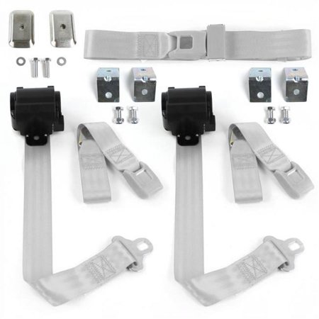 Standard 2 Point Gray & Grey Retractable Bench Seat Belt Kit with Bracketry for Ford 1933-1934 Model C - 3 Belts
