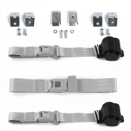 Standard 2 Point Gray Retractable Bench Seat Belt Kit with Bracketry & 3 Belts for 1971-1976 Chevy Impala