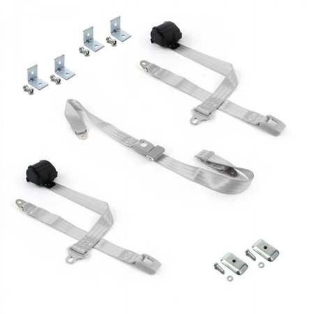 Standard 2 Point Gray Retractable Bench Seat Belt Kit with Bracketry for 1964-1966 Ford Mustang - 3 Belts