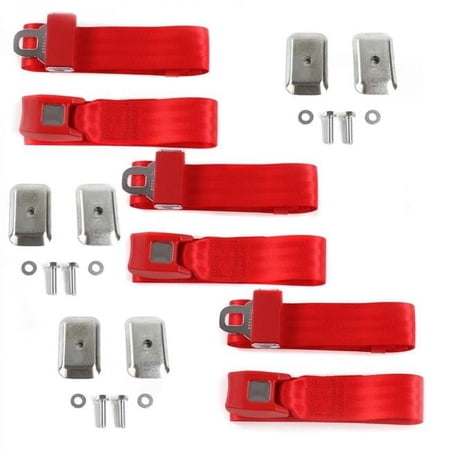 Standard 2 Point Red Lap Bench Seat Belt Kit with Bracketry for 1968-1974 Ford Van - 3 Belts