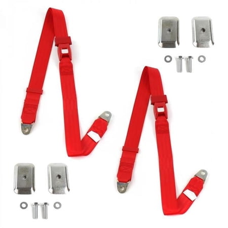 Standard 2 Point Red Lap Bucket Seat Belt Kit with Bracketry for Chevy Impala 1965-1970 - 2 Belts