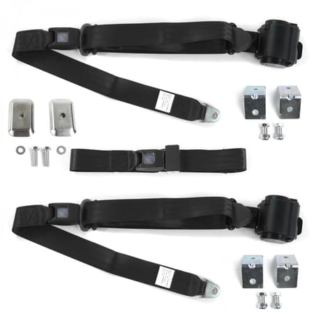 Standard 3 Point Black Retractable Bench Seat Belt Kit with Bracketry & 3 Belts for 1979-1993v Ford Mustang