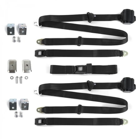Standard 3 Point Black Retractable Bench Seat Belt Kit with Bracketry for Ford Mustang 1974-1978 - 3 Belts