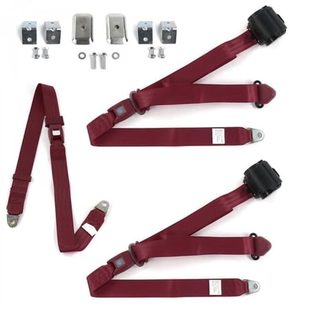 Standard 3 Point Burgundy Retractable Bench Seat Belt Kit with Bracketry & 3 Belts for 1953-1970 Jeep CJ & DJ