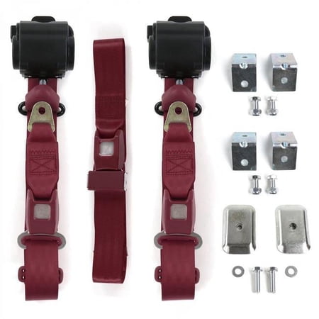 Standard 3 Point Burgundy Retractable Bench Seat Belt Kit with Bracketry & 3 Belts for 1957-1959 Ford