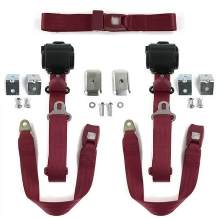 Standard 3 Point Burgundy Retractable Bench Seat Belt Kit with Bracketry & 3 Belts for 1966-1973 Jeep Commando