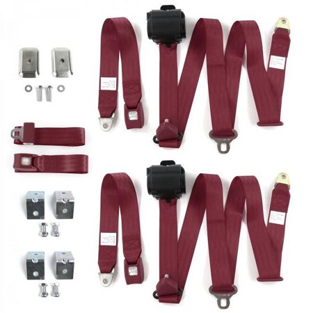 Standard 3 Point Burgundy Retractable Bench Seat Belt Kit with Bracketry for Early Cars 1933-1934 - 3 Belts