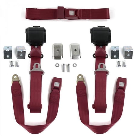 Standard 3 Point Burgundy Retractable Bench Seat Belt Kit with Bracketry for Triumph Herald 1959-1971 - 3 Belts