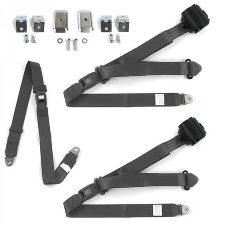 Standard 3 Point Charcoal Retractable Bench Seat Belt Kit with Bracketry & 3 Belts for 1966-1977 Ford Bronco
