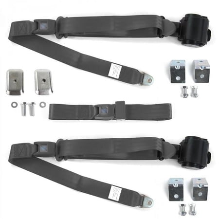 Standard 3 Point Charcoal Retractable Bench Seat Belt Kit with Bracketry & 3 Belts for 1982-1994 Chevy Cavalier