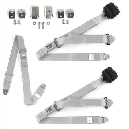 Standard 3 Point Gray & Grey Retractable Bench Seat Belt Kit with Bracketry for Triumph TR7, 8 1975-1982 - 3 Belts