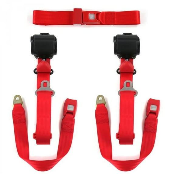 Standard 3 Point Red Retractable Bench Seat Belt Kit with 3 Belts for 1974-1978 Ford Mustang