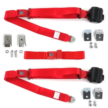 Standard 3 Point Red Retractable Bench Seat Belt Kit with Bracketry & 3 Belts for 1929-1945 Desoto