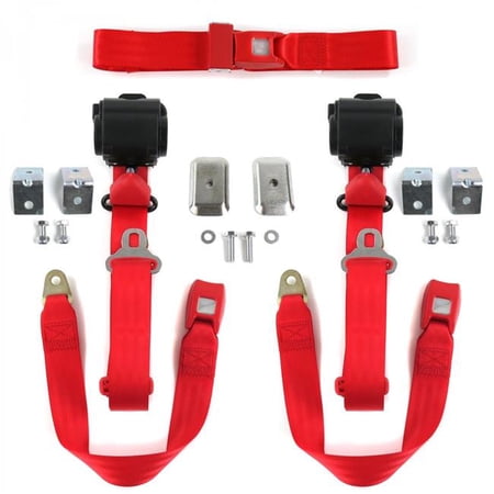 Standard 3 Point Red Retractable Bench Seat Belt Kit with Bracketry for 1941-1948 Early Cars - 3 Belts