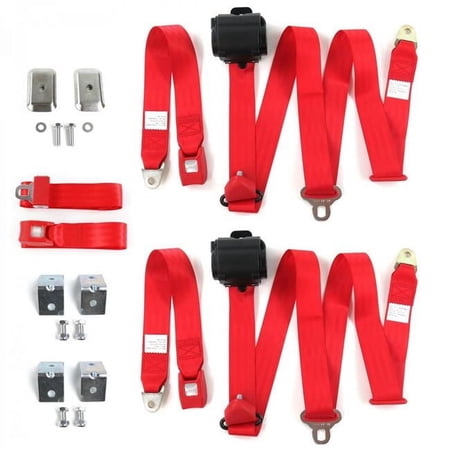 Standard 3 Point Red Retractable Bench Seat Belt Kit with Bracketry for 1961-1964 Chevy Impala - 3 Belts