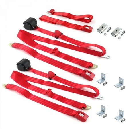 Standard 3 Point Red Retractable Bench Seat Belt Kit with Bracketry for Chevy Bel Air 1949-1954 - 3 Belts