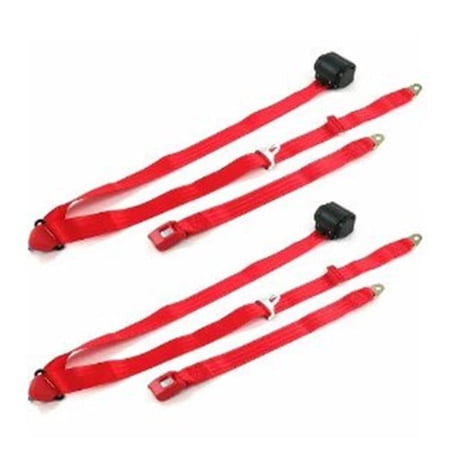 Standard 3 Point Red Retractable Bucket Seat Belt Kit with Bracketry & 2 Belts for 1962-1965 Chevy II