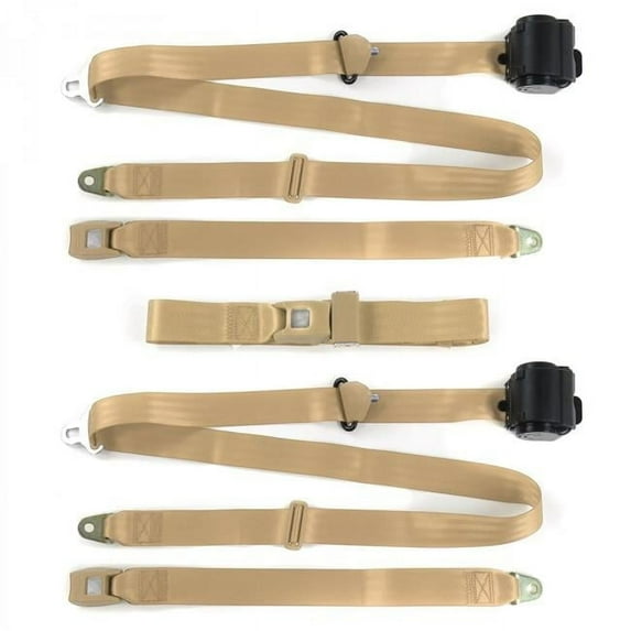 Standard 3 Point Tan Retractable Bench Seat Belt Kit with 3 Belts for 1975-1991 Ford Van