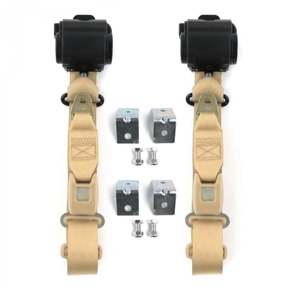 Standard 3 Point Tan Retractable Bucket Seat Belt Kit with Bracketry & 2 Belts for 1955-1957 Chevy Bel Air