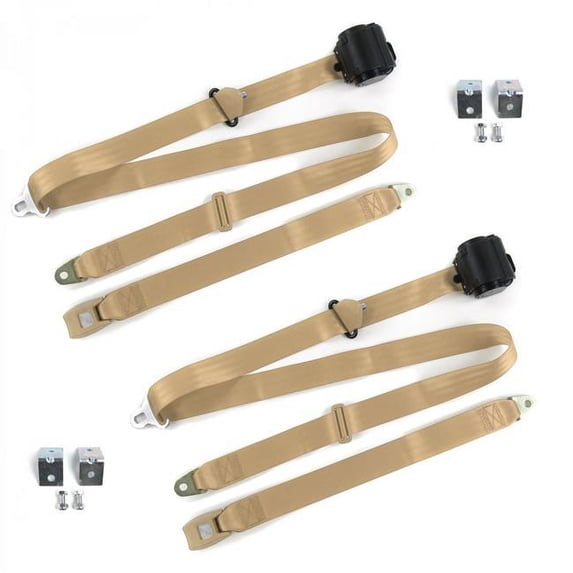 Standard 3 Point Tan Retractable Bucket Seat Belt Kit with Bracketry & 2 Belts for 1968-1974 Chevy Nova