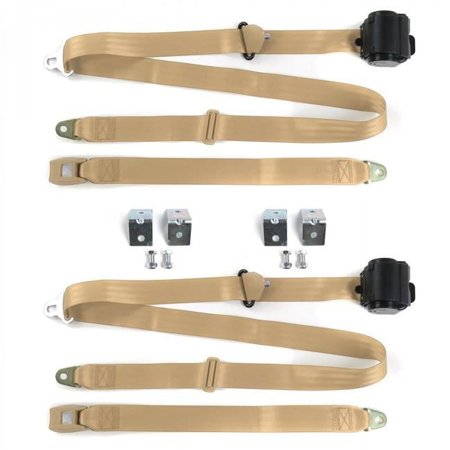 Standard 3 Point Tan Retractable Bucket Seat Belt Kit with Bracketry for Ford 1935-1940 - 2 Belts