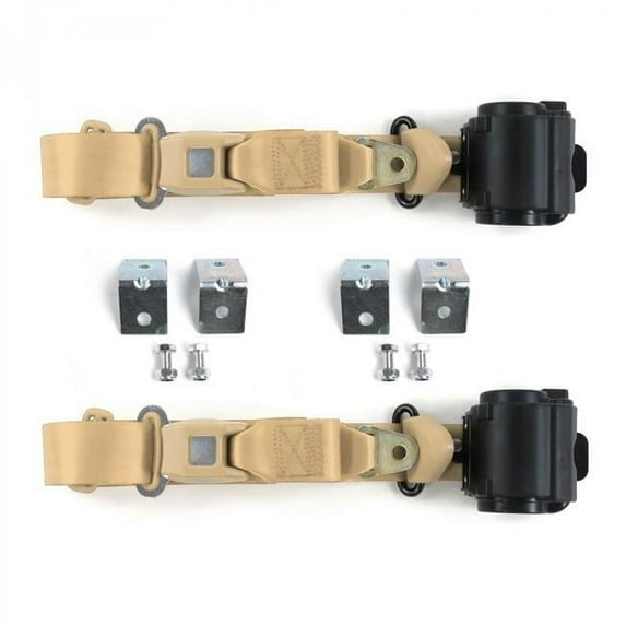 Standard 3 Point Tan Retractable Bucket Seat Belt Kit with Bracketry for VW Type 3 Squareback - 2 Belts