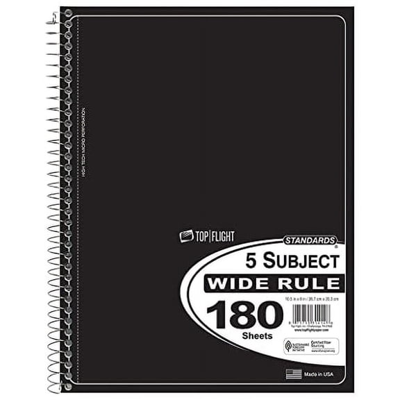 Standard 5-Subject Wirebound Notebook, 180 Pages, 3 Hole Punched, Wide Rules, 10.5 x 8. Inches, Colour May Vary (311414)