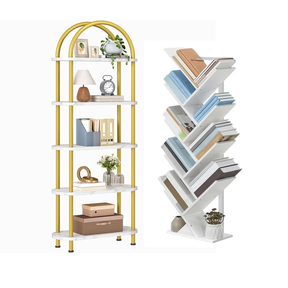 Standard 5-Tier Marble-Top Bookshelf And Leaning Tree Bookshelf Bundle For Living Room Home Office