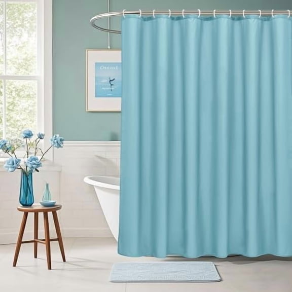 Standard 72x72 inch Shower Curtain Liner, Soft Polyester Solid Color Shower Curtain with Hooks, Weighted Hem, Water Repellent, Blue