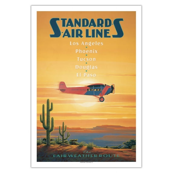 Standard Air Lines - The Fair Weather Route - Fokker F-V22 - Vintage Airline Travel Poster by Kerne Erickson - Fine Art Matte Paper Print (Unframed) 30x44in