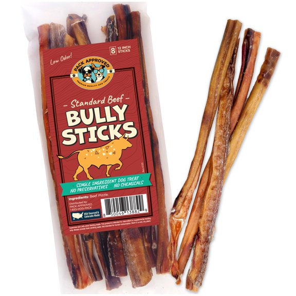 Standard Beef Bully Sticks for Large Dogs - Long Lasting Dog Chews for Aggressive Chewers - No Hide Dog Chews for Large Dogs - 12" (8ct)