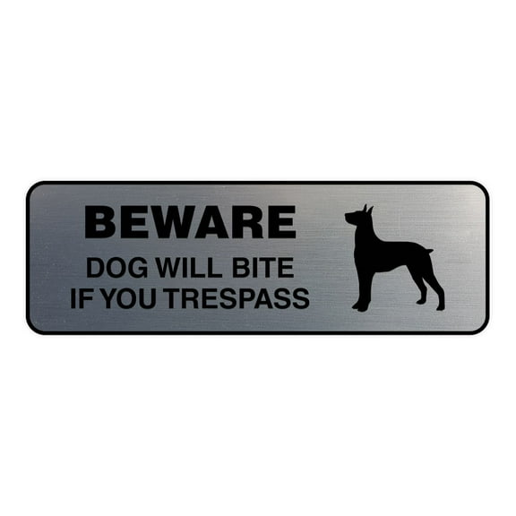 Standard Beware Dog Will Bite Sign (Brushed Silver) - Medium