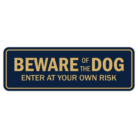 Standard Beware Of The Dog Sign - Blue / Gold - Medium 2-3/4" X 7"