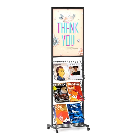 Standard Black Floor-Standing 4-Tier Metal Magazine Rack With Poster Display And Wheels