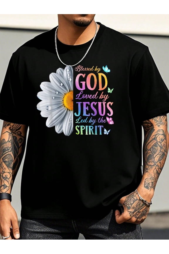 Standard Black Mens Graphic Tee Blessed By God Loved By Jesus Led By The Spirit Daisy Flower Design