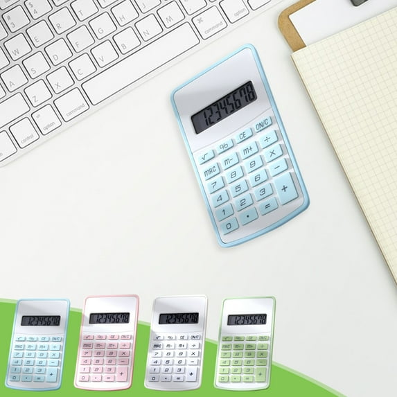 Standard Calculator 8 Digit Large Display | Round Quiet Buttons | Portable Desktop Office Home EDC | Candy Colors Blue Pink Green White | Lightweight ABS | 1 Pack | 4.56x2.63in