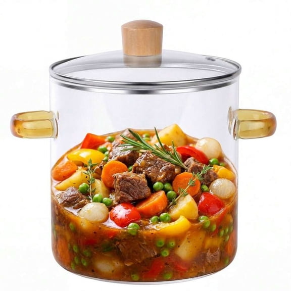 Standard Clear Borosilicate Glass Pot With Amber Handles, 78oz Heat-Resistant Cookware For Stove And Oven