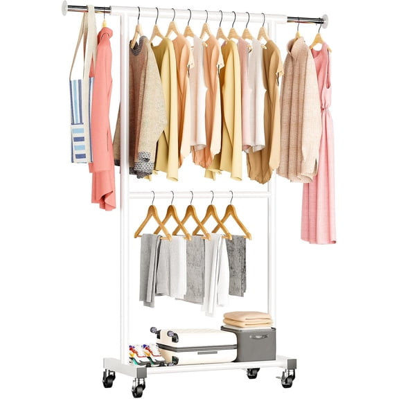 Standard Clothes Garment Rack for Hanging Clothes, Rolling Clothing Storage Organizer with 50 Inches Adjustable Rod and Wire Shelves on Caster Wheels, White