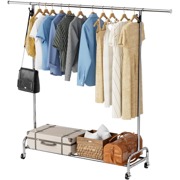 NEYCIL Clothes Rack, 47.05" to 65.94" Adjustable Length Clothing Garment Rack for Hanging Clothes with Lockable Casters for Home