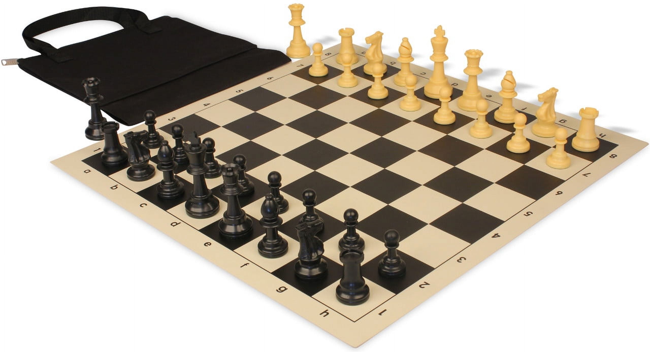 Standard Club Easy-Carry Plastic Chess Set - Black & Camel Pieces with Vinyl Rollup Board - Black
