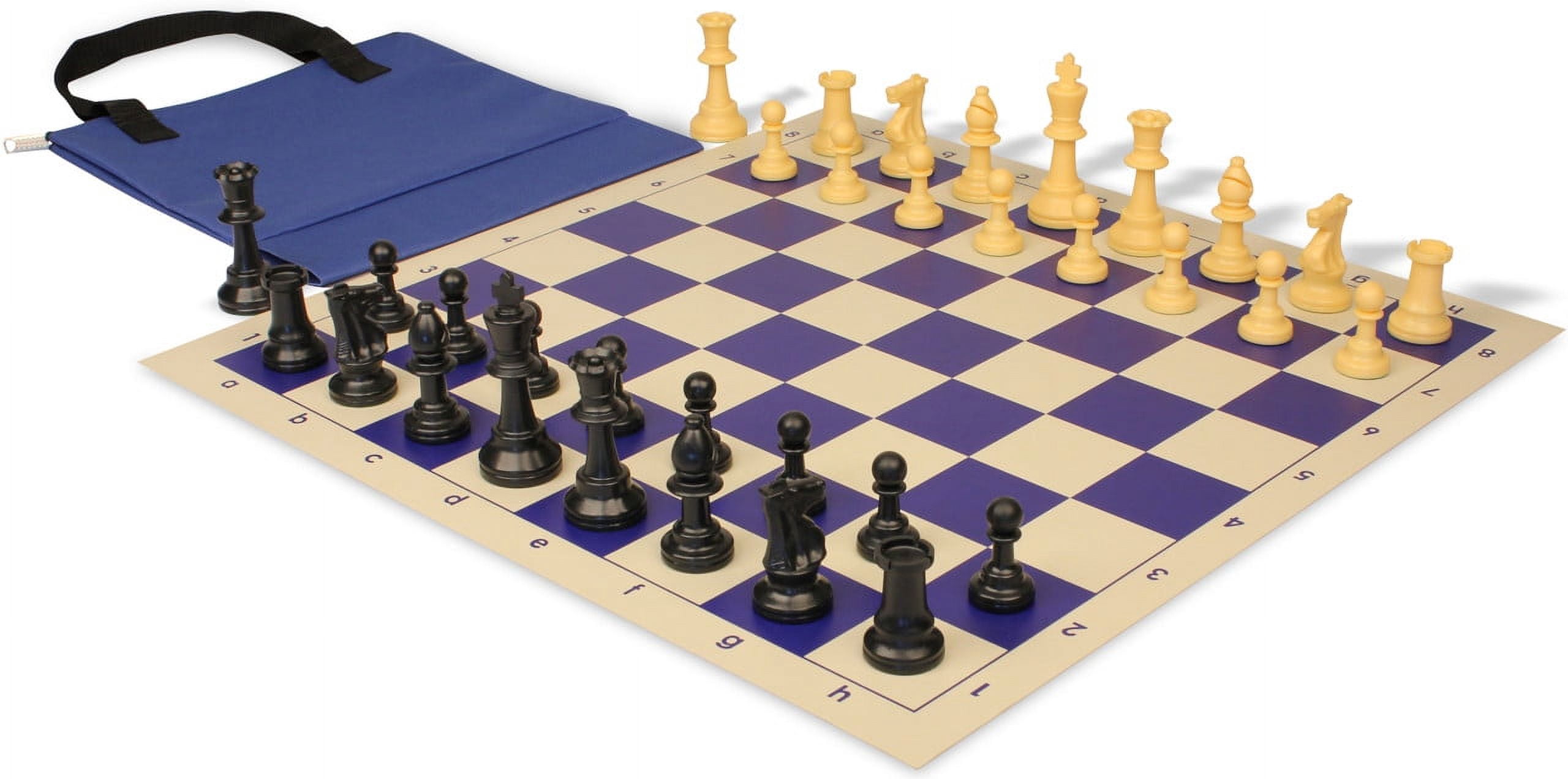 Standard Club Easy-Carry Plastic Chess Set - Black & Camel Pieces with Vinyl Rollup Board - Blue
