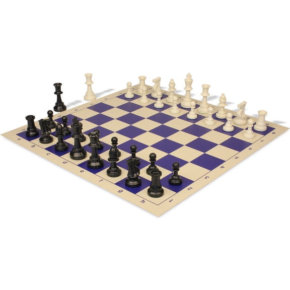 Analysis-Size Plastic Chess Set - Black & Ivory Pieces with Vinyl Rollup Board - Blue