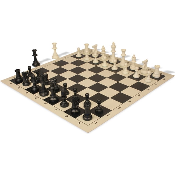 Standard Club Double-Weighted Plastic Chess Set - Black & Ivory Pieces with Vinyl Rollup Board - Black