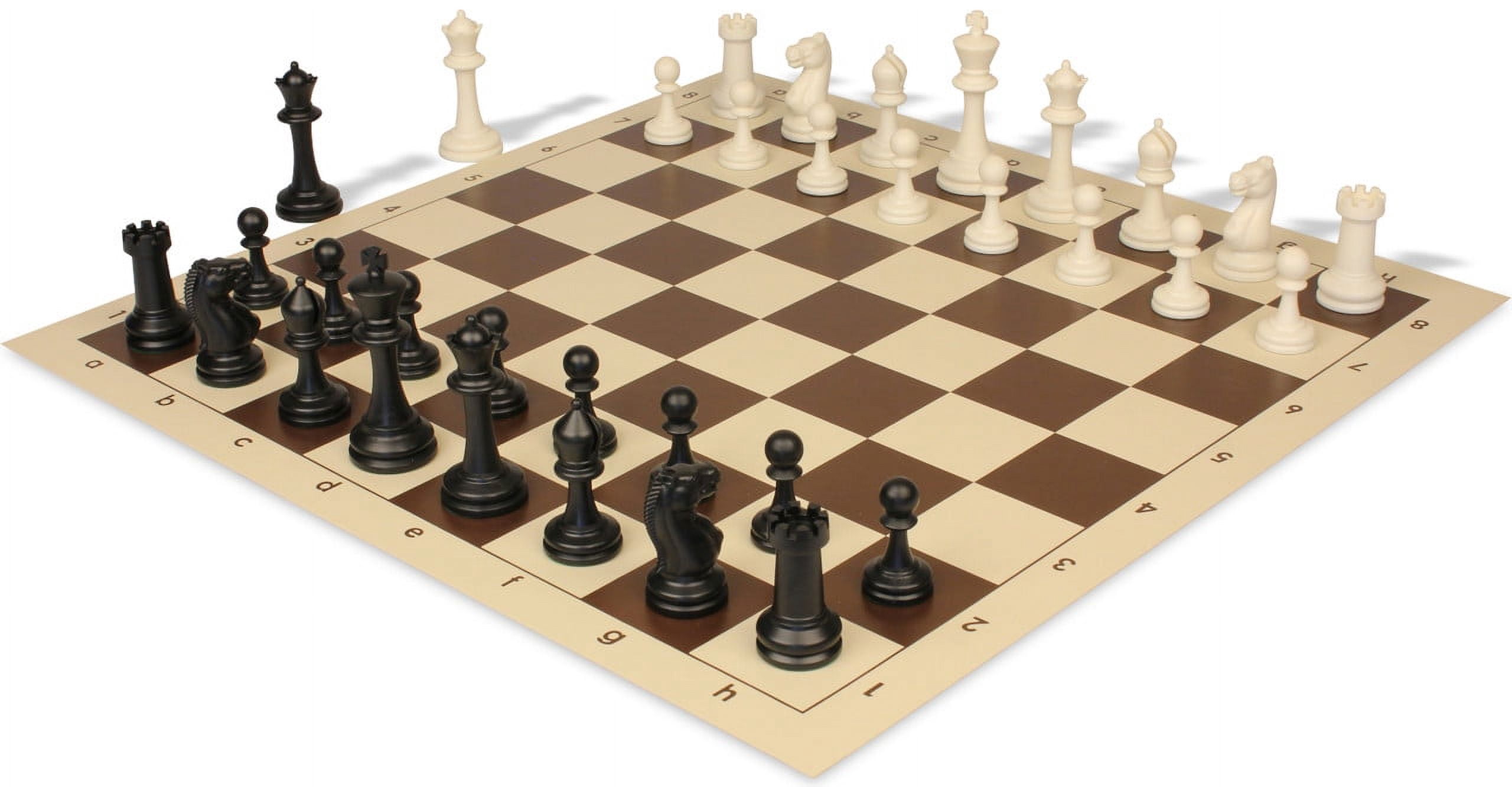 Master Series Plastic Chess Set - Black & Ivory Pieces with Vinyl Rollup Board - Brown