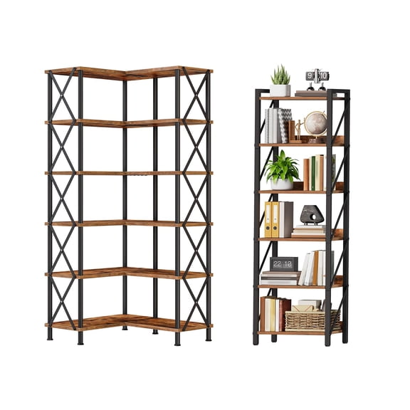 Standard Corner Bookshelf And Bookshelf Bundle, 6-Tier L-Shaped Bookcase With Metal Frame For Living Room Bedroom Home Office
