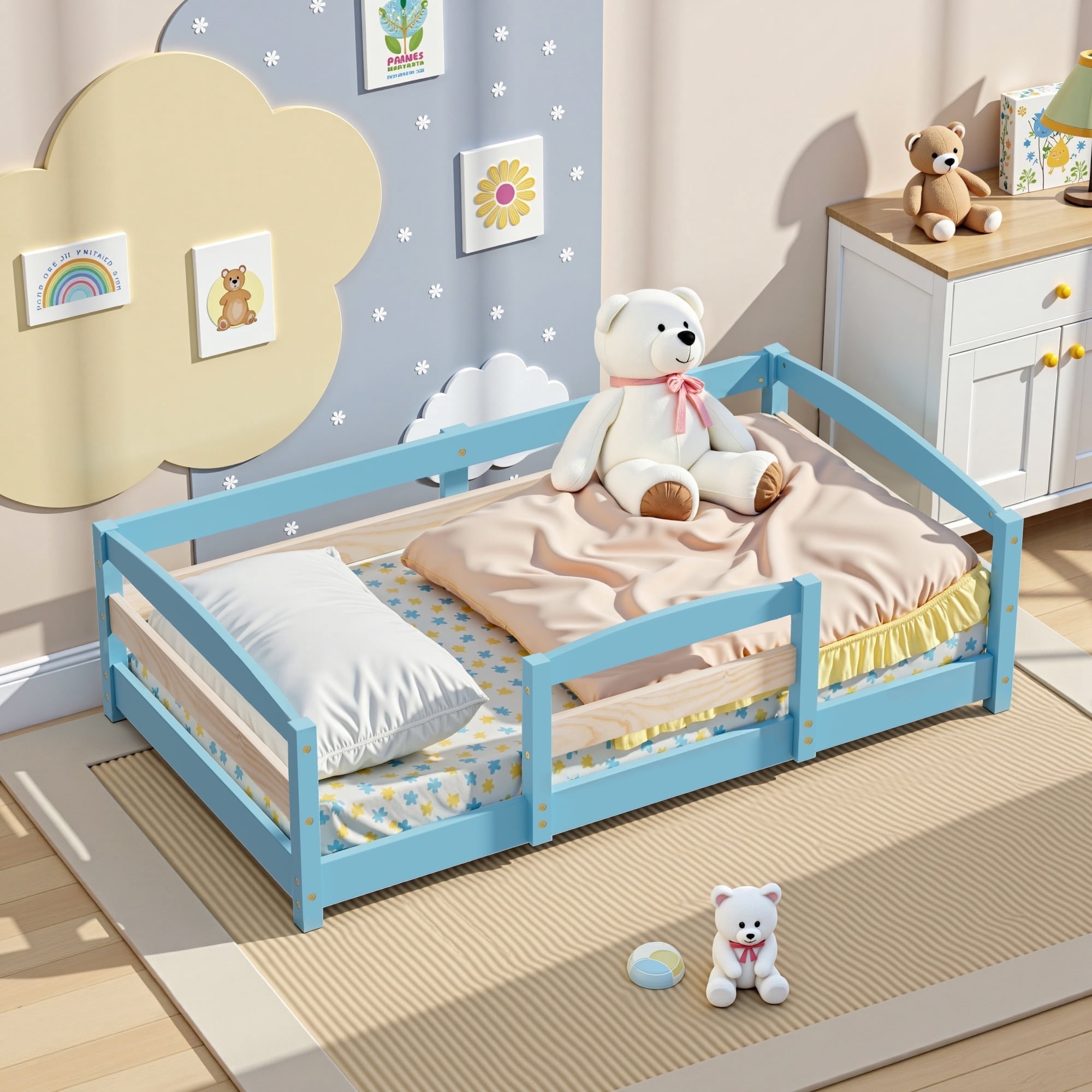 Crib Frame Standard Crib Size Bed with 2 Openings, Wooden Low Montessori Floor Bed ...