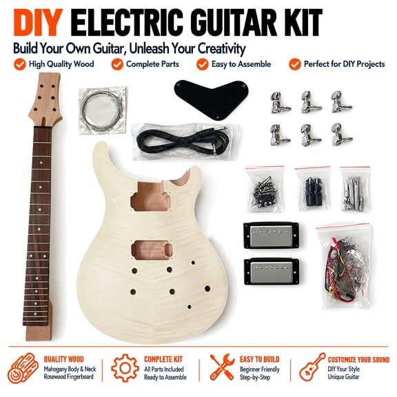 Standard DIY Electric Guitar Kit 22 Fret Flame Maple Veneer Body Dot Inlay