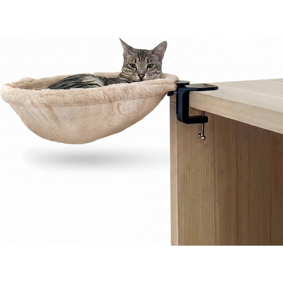 Standard Desk Hammock for Cats | Adjustable Clamp On Cat Bed | Soft Faux Fur Elevated Cat Perch with Steel Frame | Space Saving Under Desk Lounge | Supports Cats Up to 50 lbs