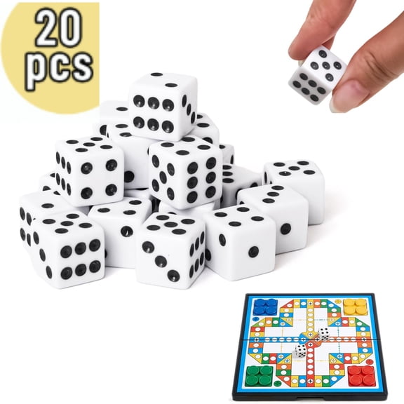 Standard Dice, 16mm Bulk White Opaque Black Pips Six Sided Dice Set, for Rolling, Group Event, Board Games, Classroom Math (60PCS)